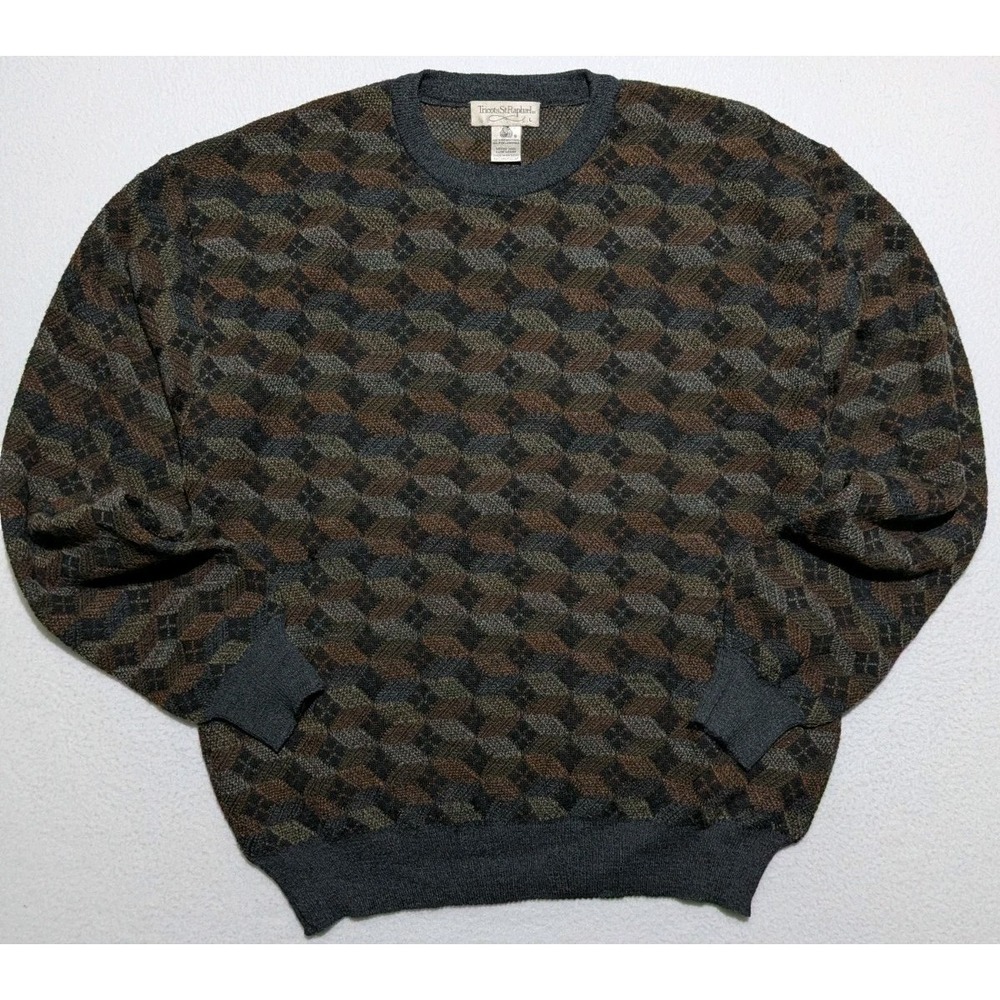 Tricots St Raphaël Merino Wool Geometric Knit Crewneck Sweater Size L